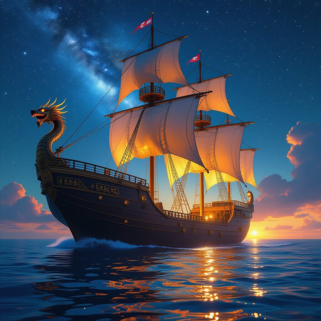 Celestial Ship Sails Cosmic Waters: Hyper-Realistic Fantasy