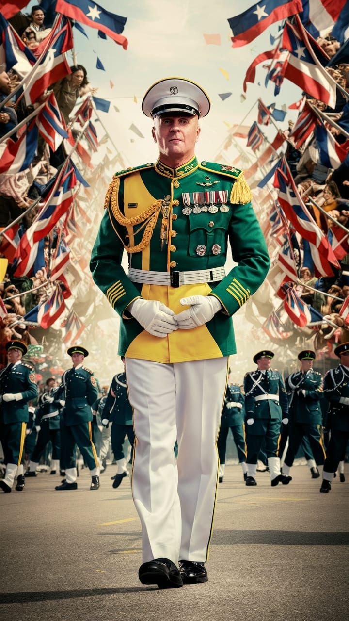 Proud Soldier in Green and Yellow Parade Uniform