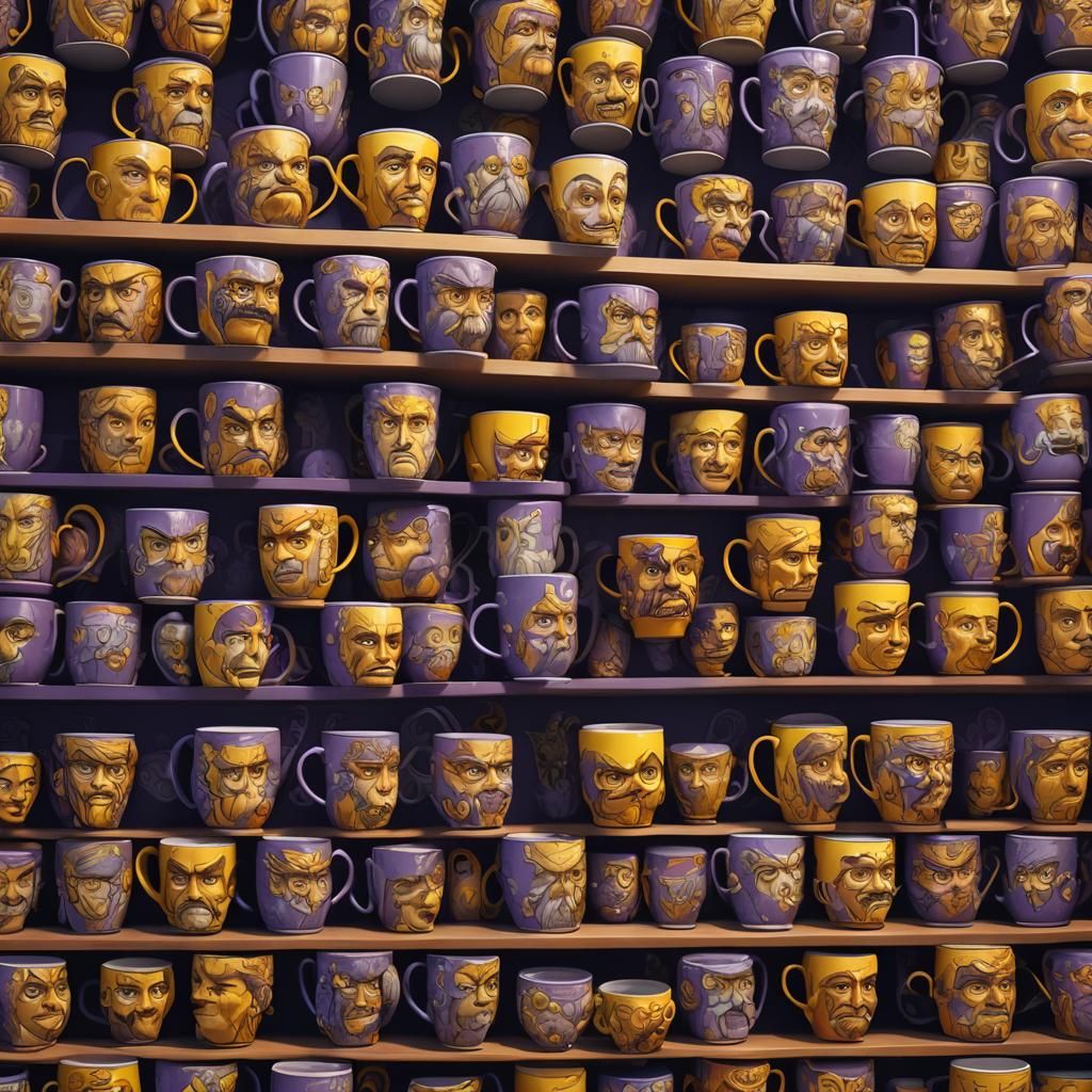 Caricature Mugs on Shelf: Dark Fantasy Art