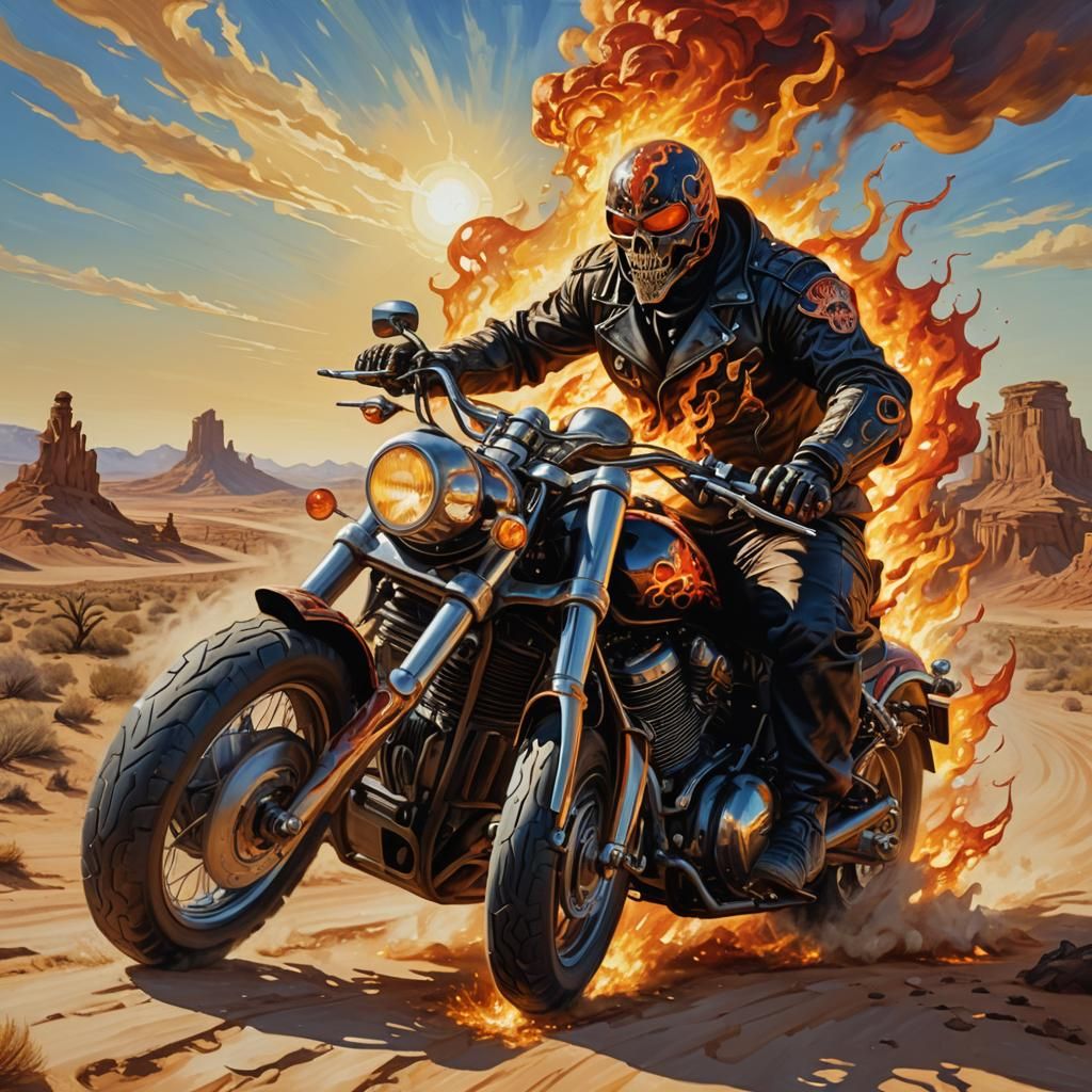 Surreal Hellrider on Motorcycle in Dreamlike Desert