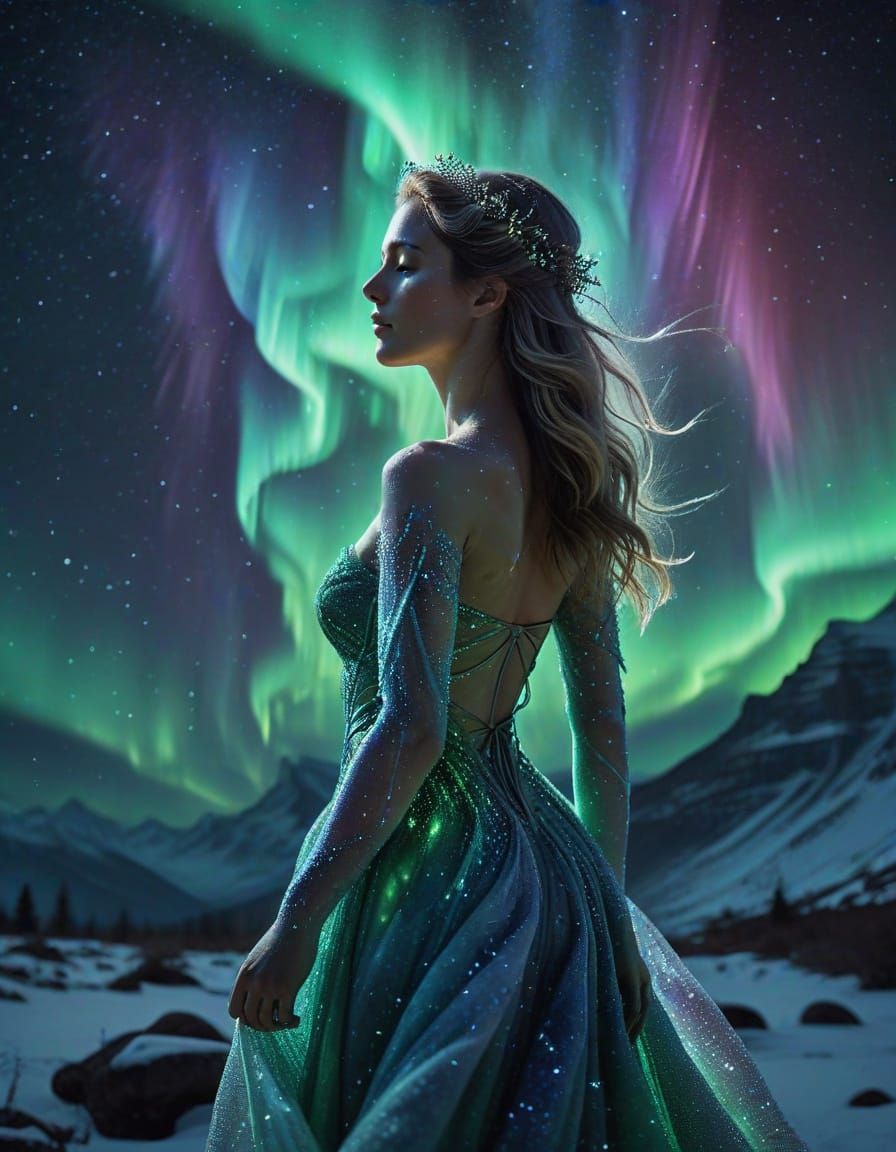 Aurora Goddess in Swirling Cosmic Curtains