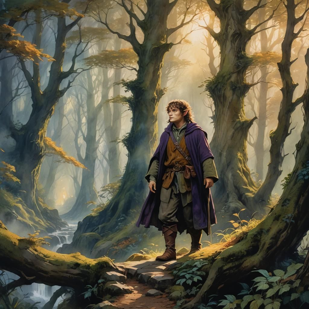 Hobbit in Mystical Middle-earth Forest: Watercolor Art