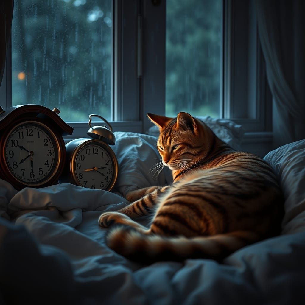 Surreal Scene of a Gentle Giant Cat in a Dreamy Bedtime Scen...