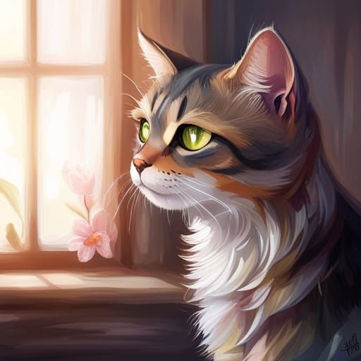 Cat Looking Through Window: Hyperdetailed Portrait