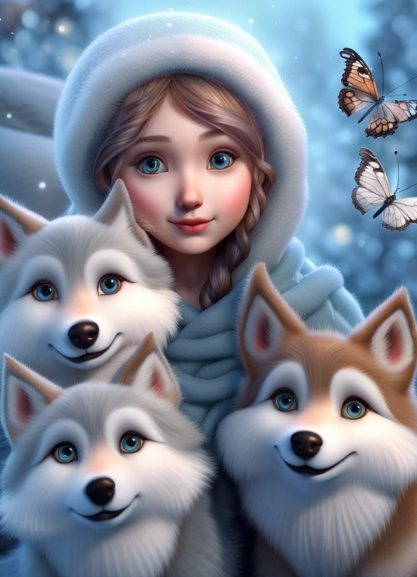 Enchanting Winter Fairy and Wolves in Pixar Style