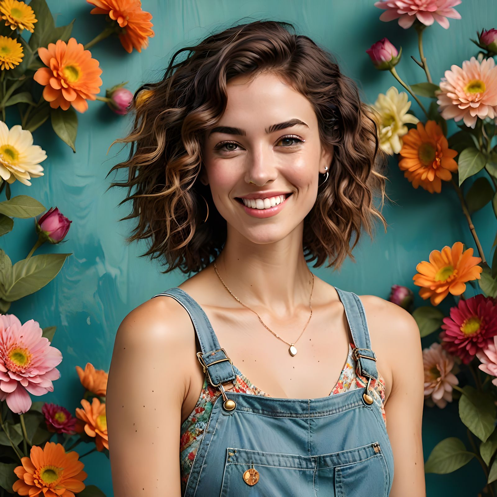 Playful Portrait of Woman in Overalls with Bohemian Vibe