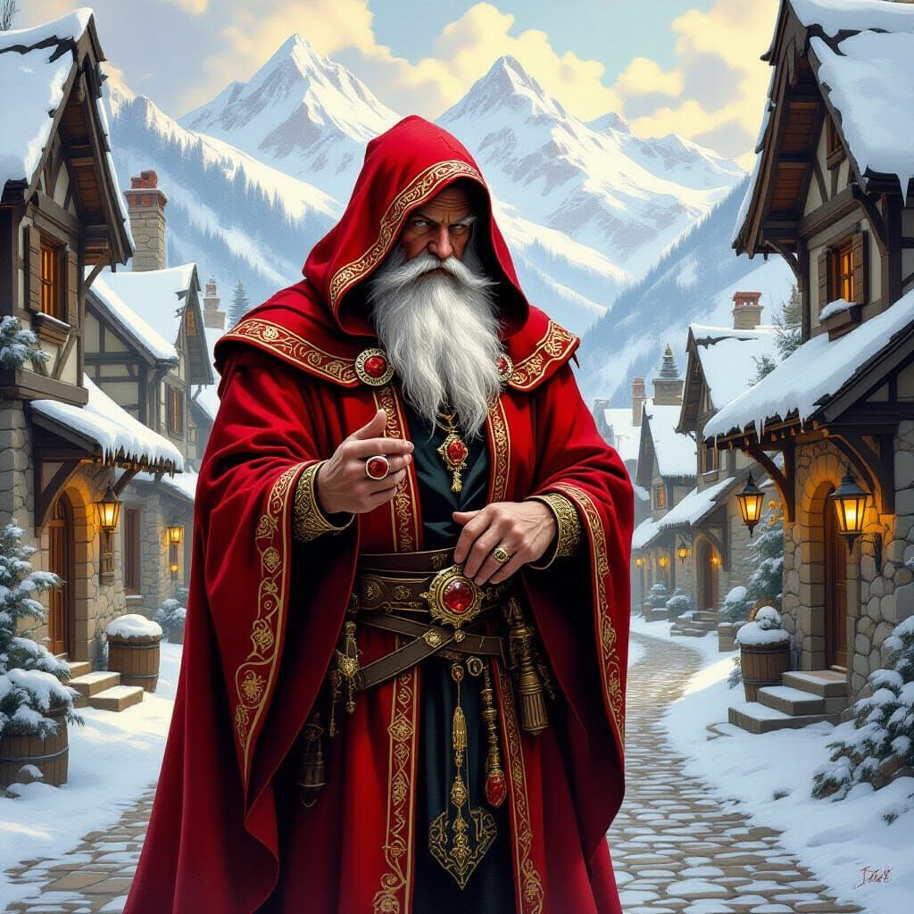 Wizard in Red Robes in Medieval Village