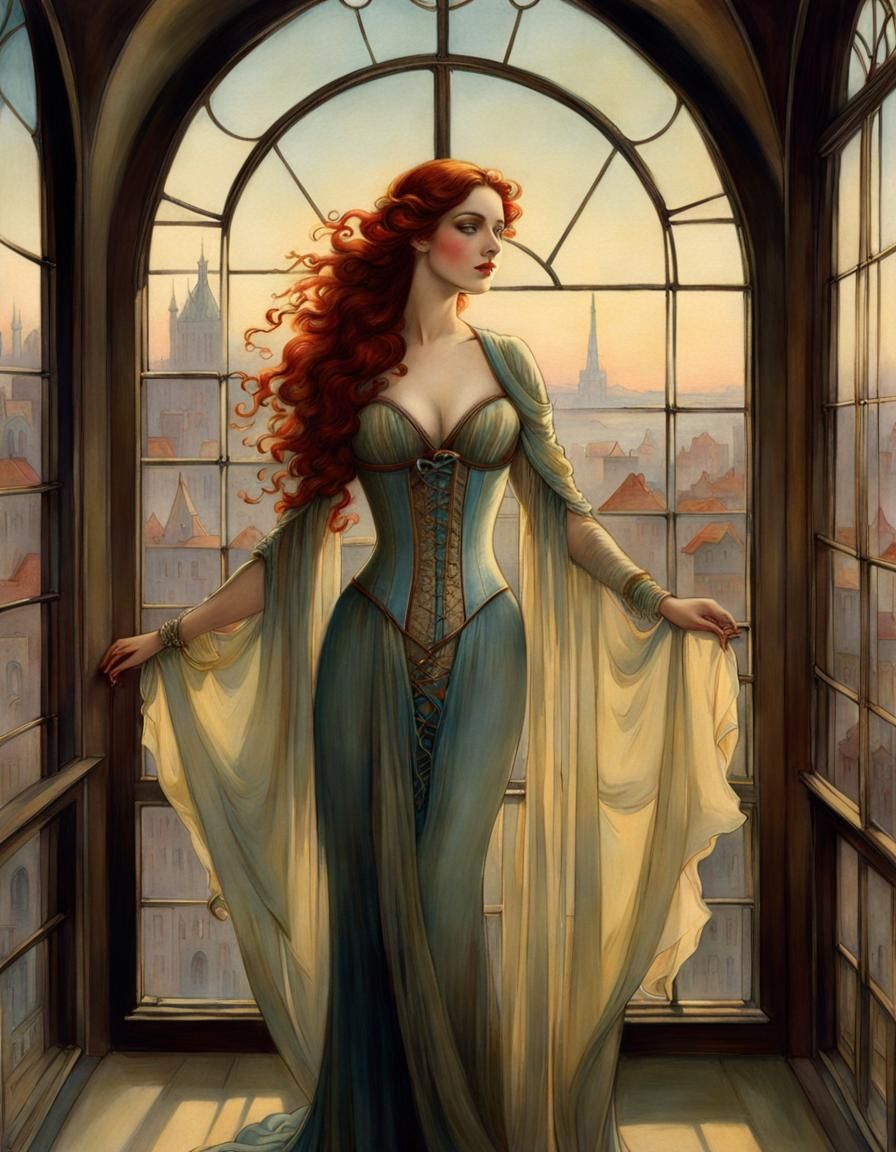 Redhead in Loft: Warwick Goble Style Illustration