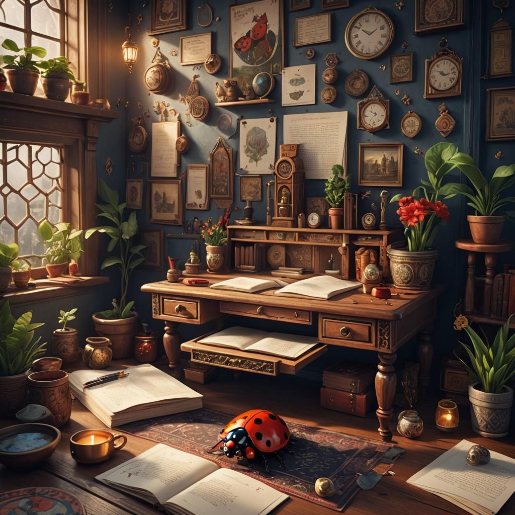 Grandfather Writing Stories with Ladybug, Matte Painting