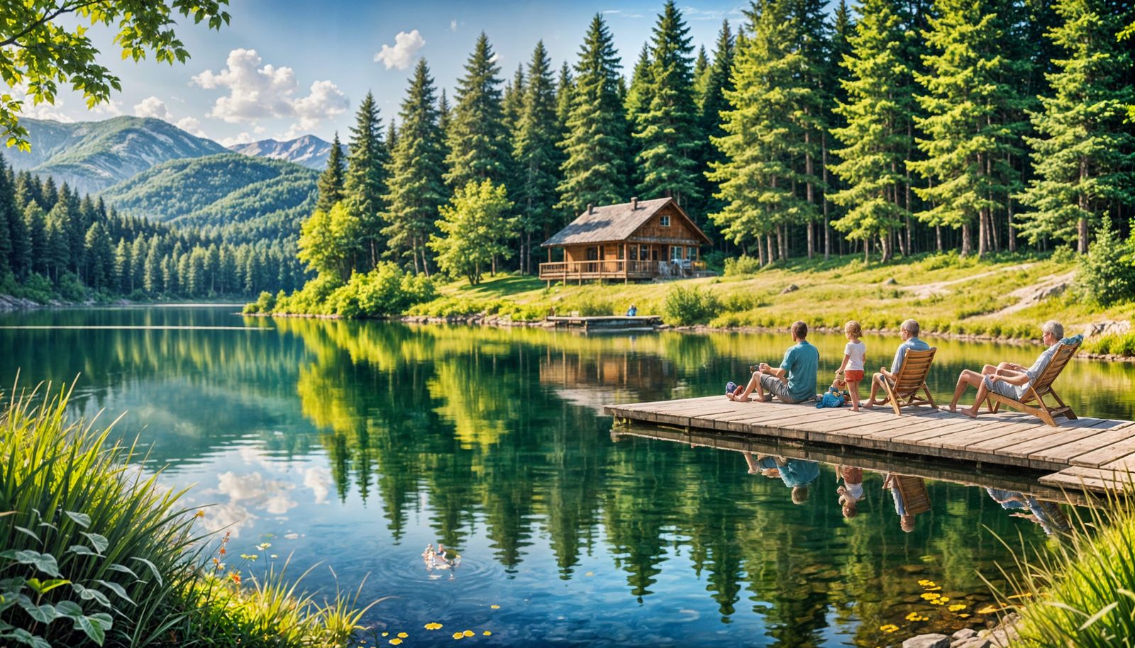 Family Relaxing by Lake: Watercolor Style
