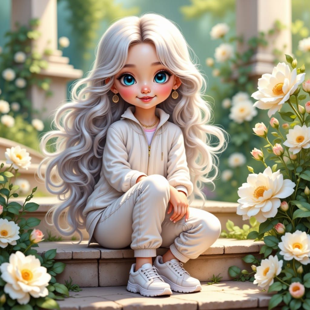 Cute Girl with Silver Hair and White Roses, Cartoon Realism