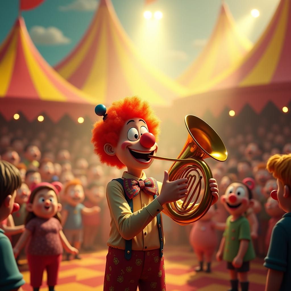 Joyful Circus Scene with Clown in Pixar Style