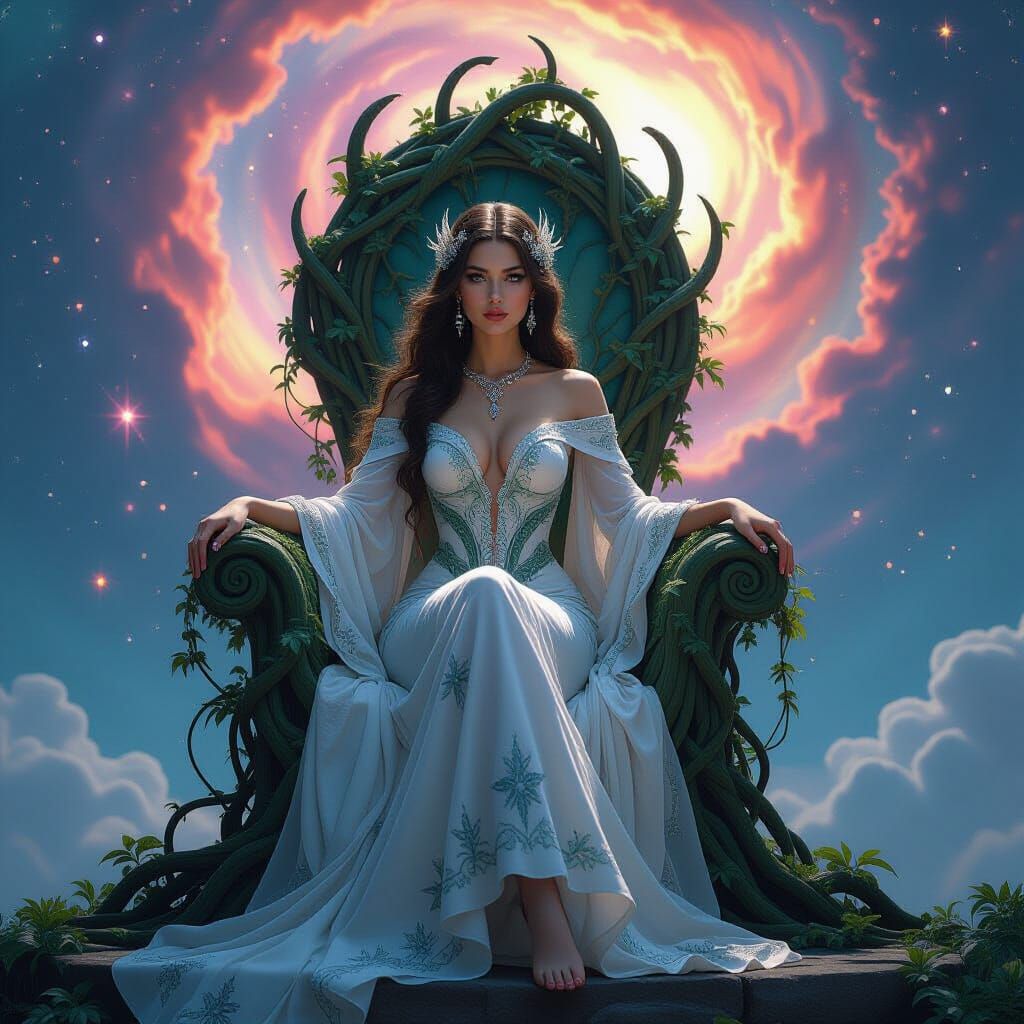 Fae Empress on Vine Throne with Galaxy Background