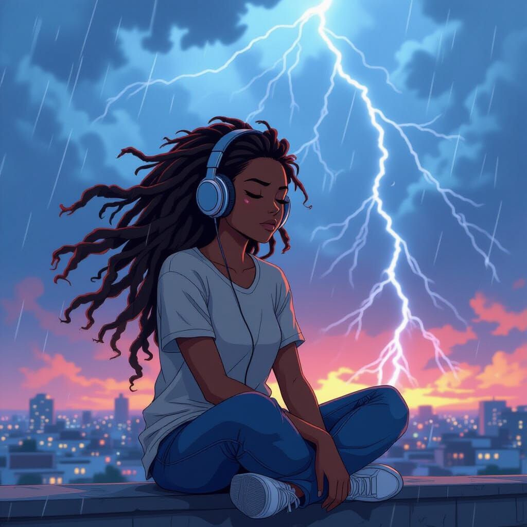 Woman Endures Thunderstorm on Rooftop in Anime Style