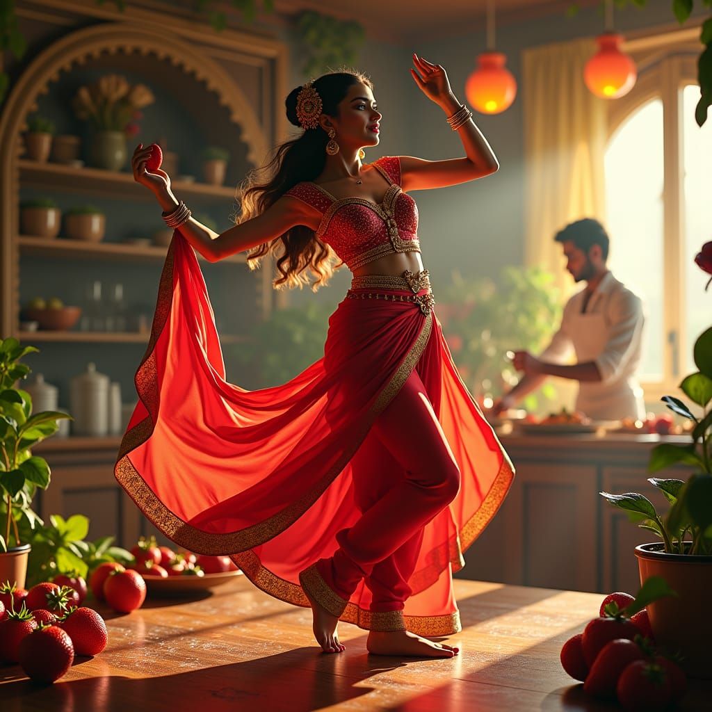 Strawberry Woman Dancing for Banana Man: Hyperrealistic Art