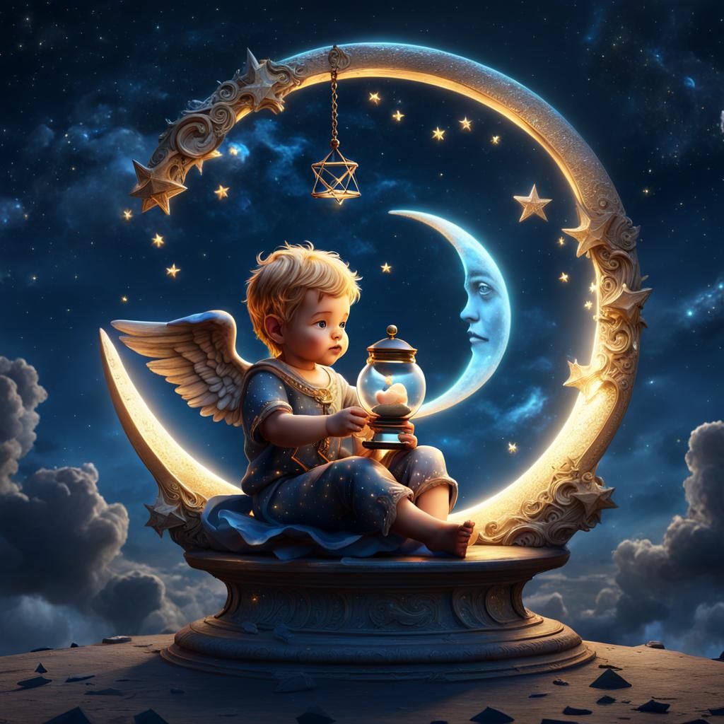 Angel Baby on Crescent Moon in Starry Sky