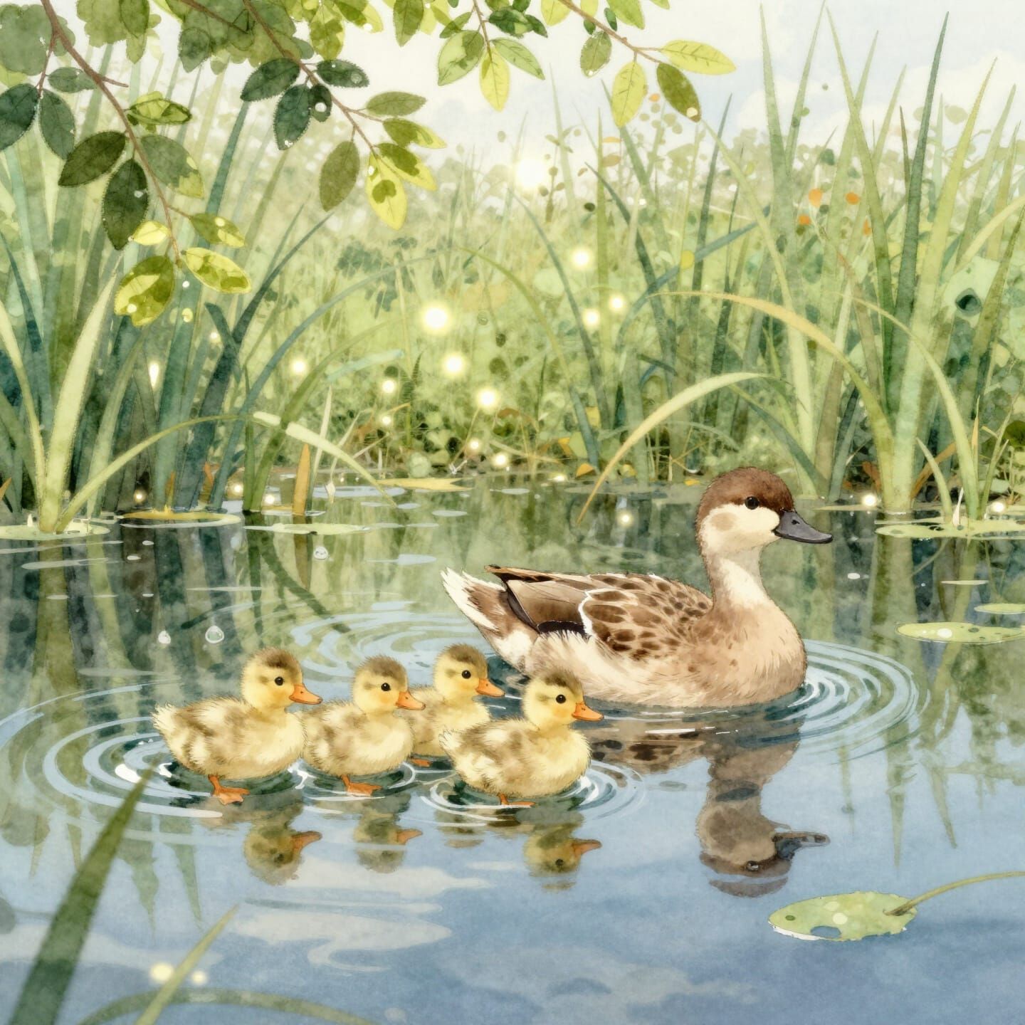 Adorable Duck Family in Serene Pond Watercolor Illustration