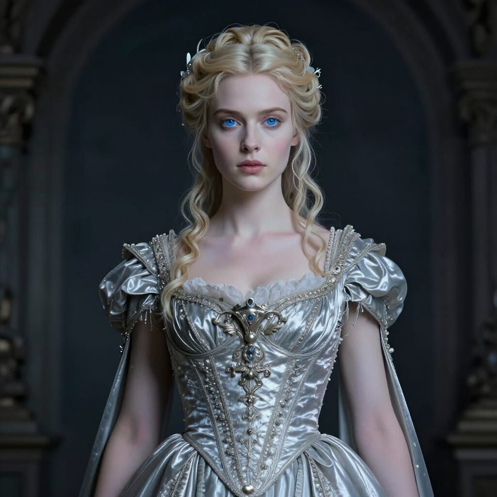 Serene Greek Goddess in Intricate Silver Gown