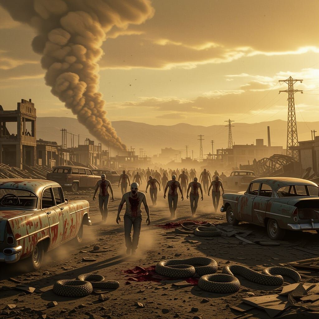 Apocalyptic Wasteland with Zombies and Giant Snakes