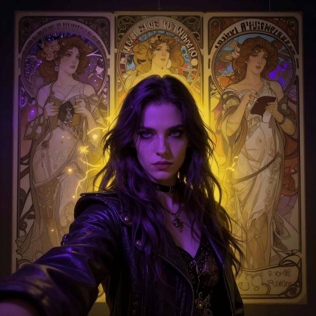 Dark Fantasy Selfie in Dynamic Purple and Yellow Lighting