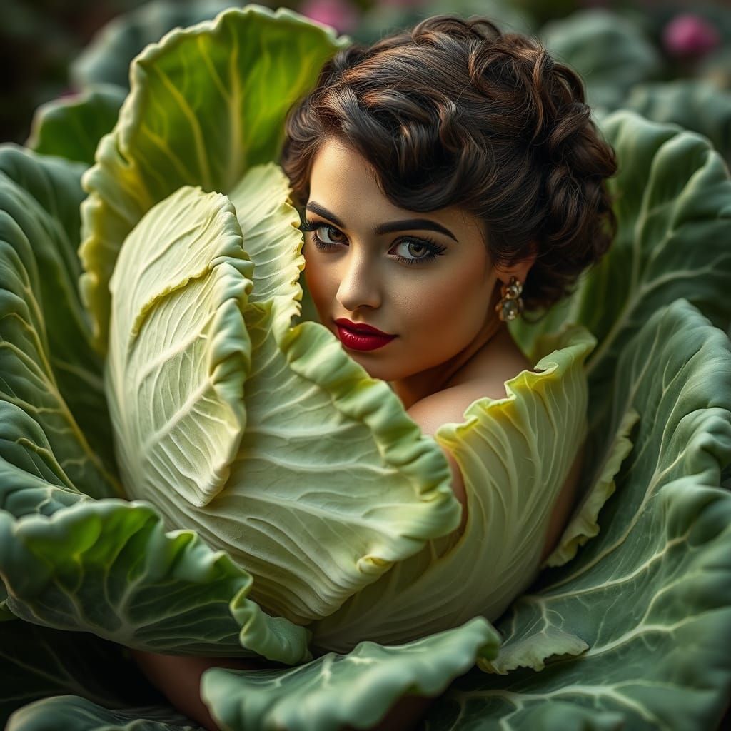 Cabbage as 1930s Starlet: Hyperrealistic Portrait