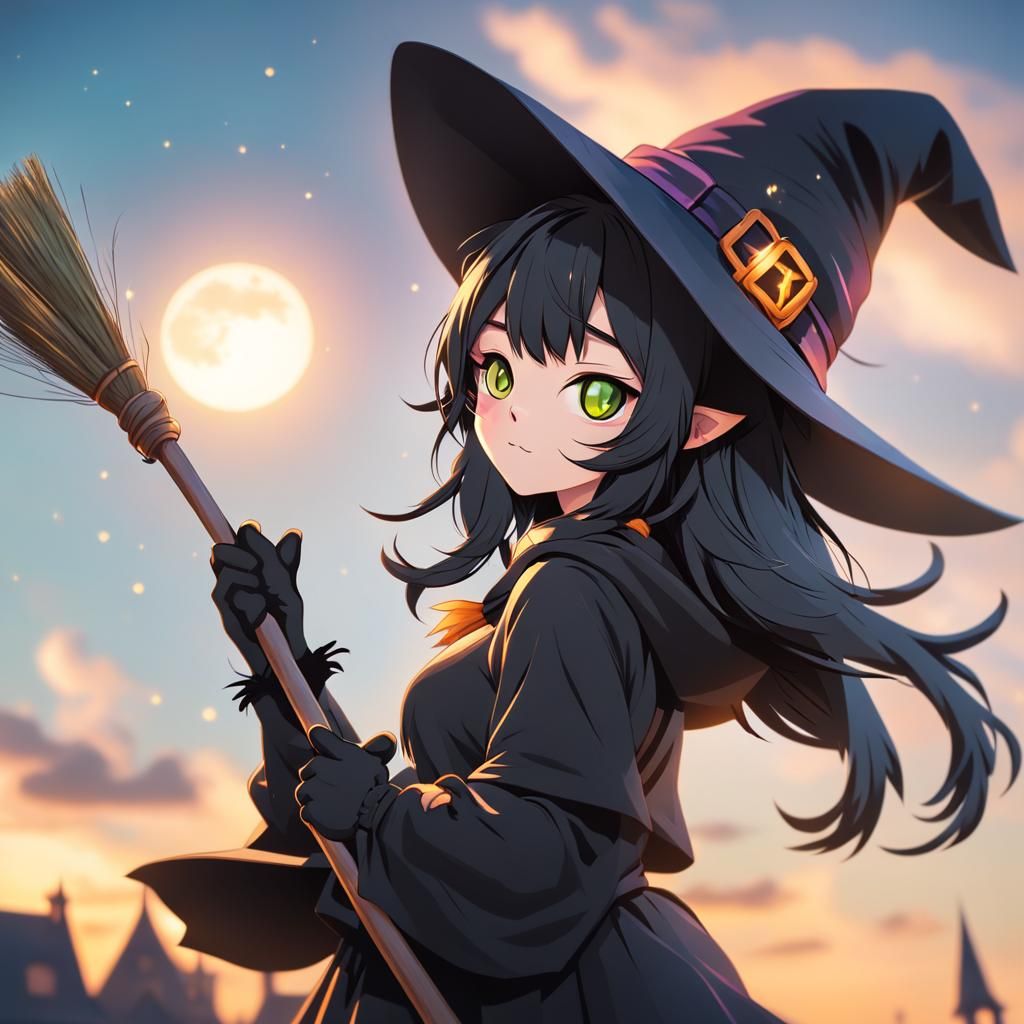 Anime Cat Girl Witch on Broomstick
