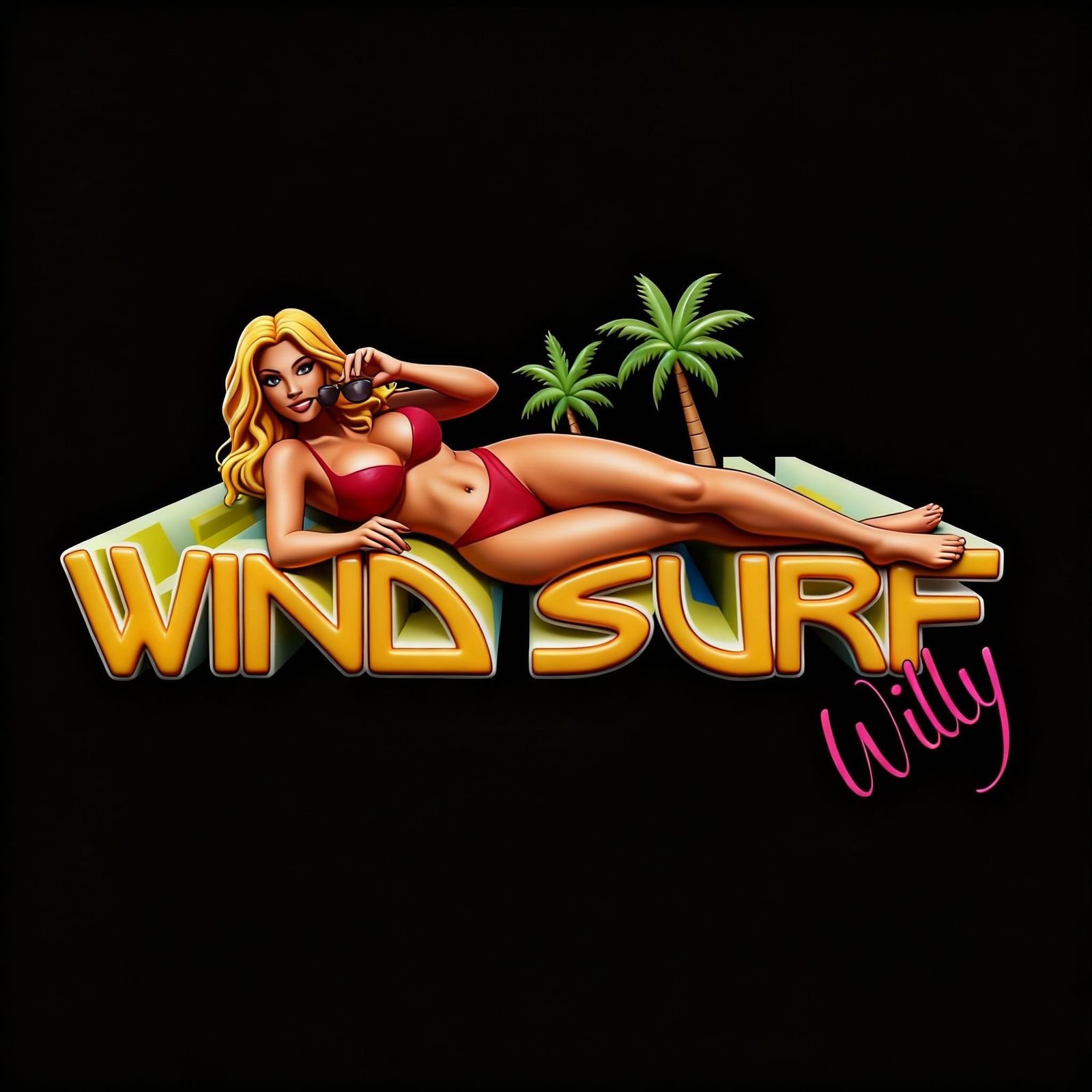 Blonde Surfer Girl with Palms and Sunglasses