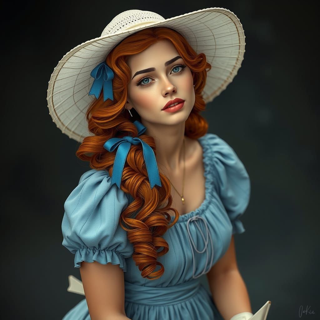 Young Woman in Blue Dress and Cowboy Boots