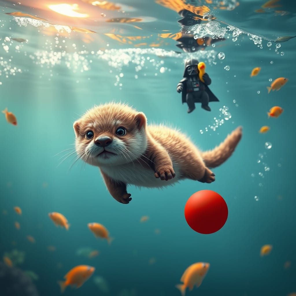 Whimsical Otter Chases Red Ball Underwater in Vibrant Scene