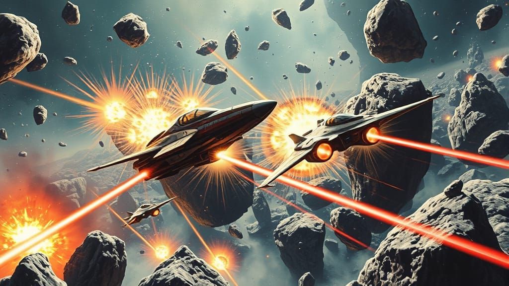 Spaceships Dogfight in Asteroid Field: Movie Poster Style