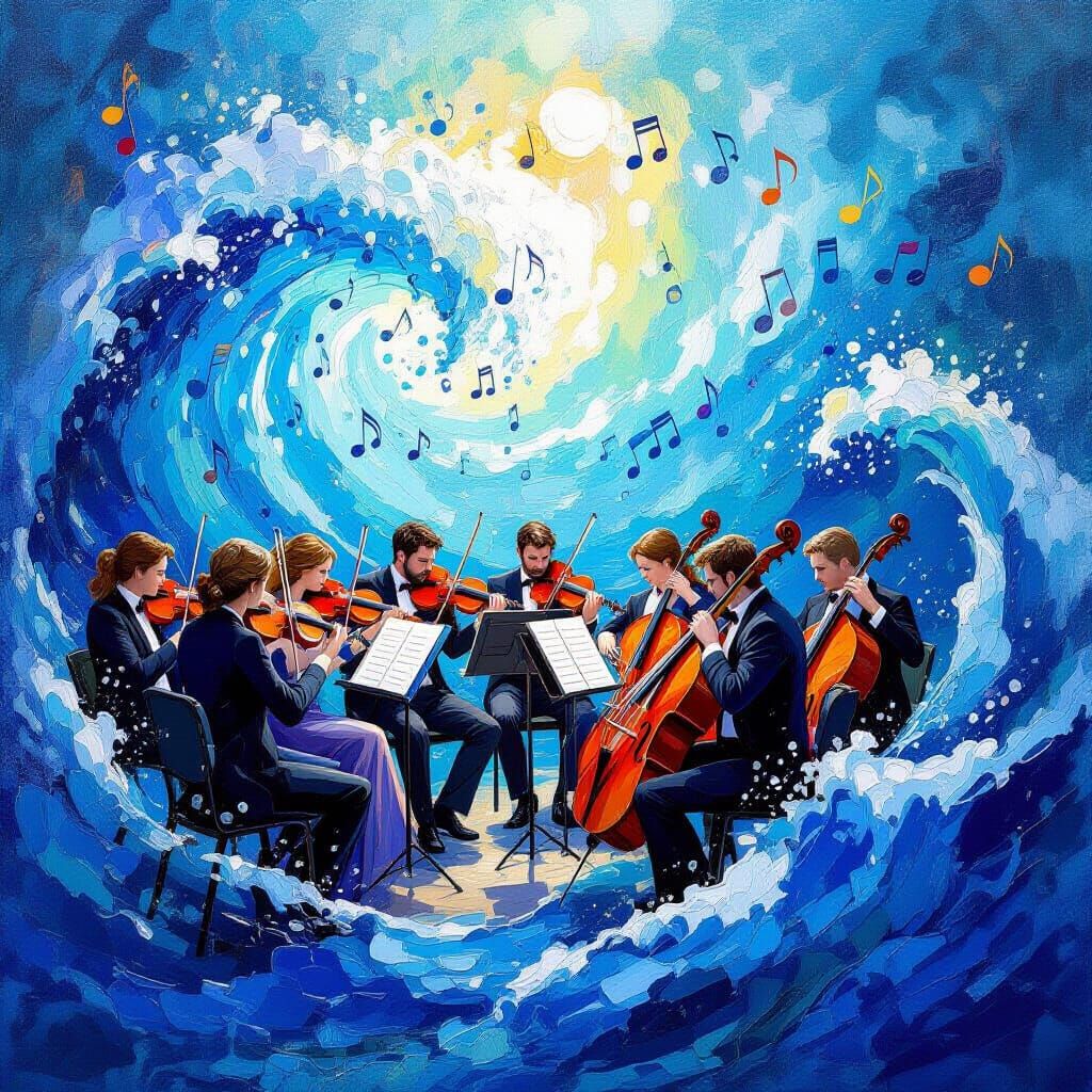 Orchestra Plays in Swirling Water Gouache Painting