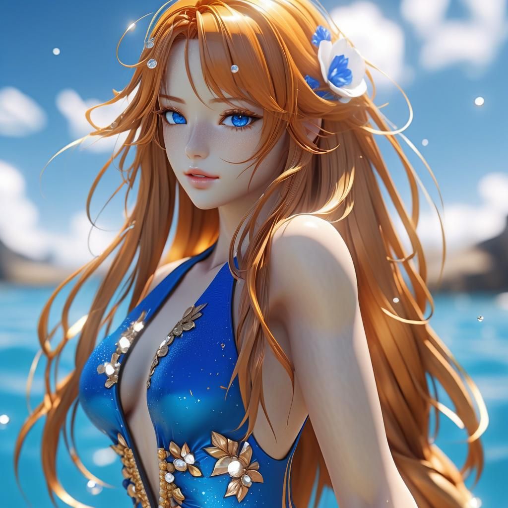 Anime Style Woman with Flowing Orange Hair