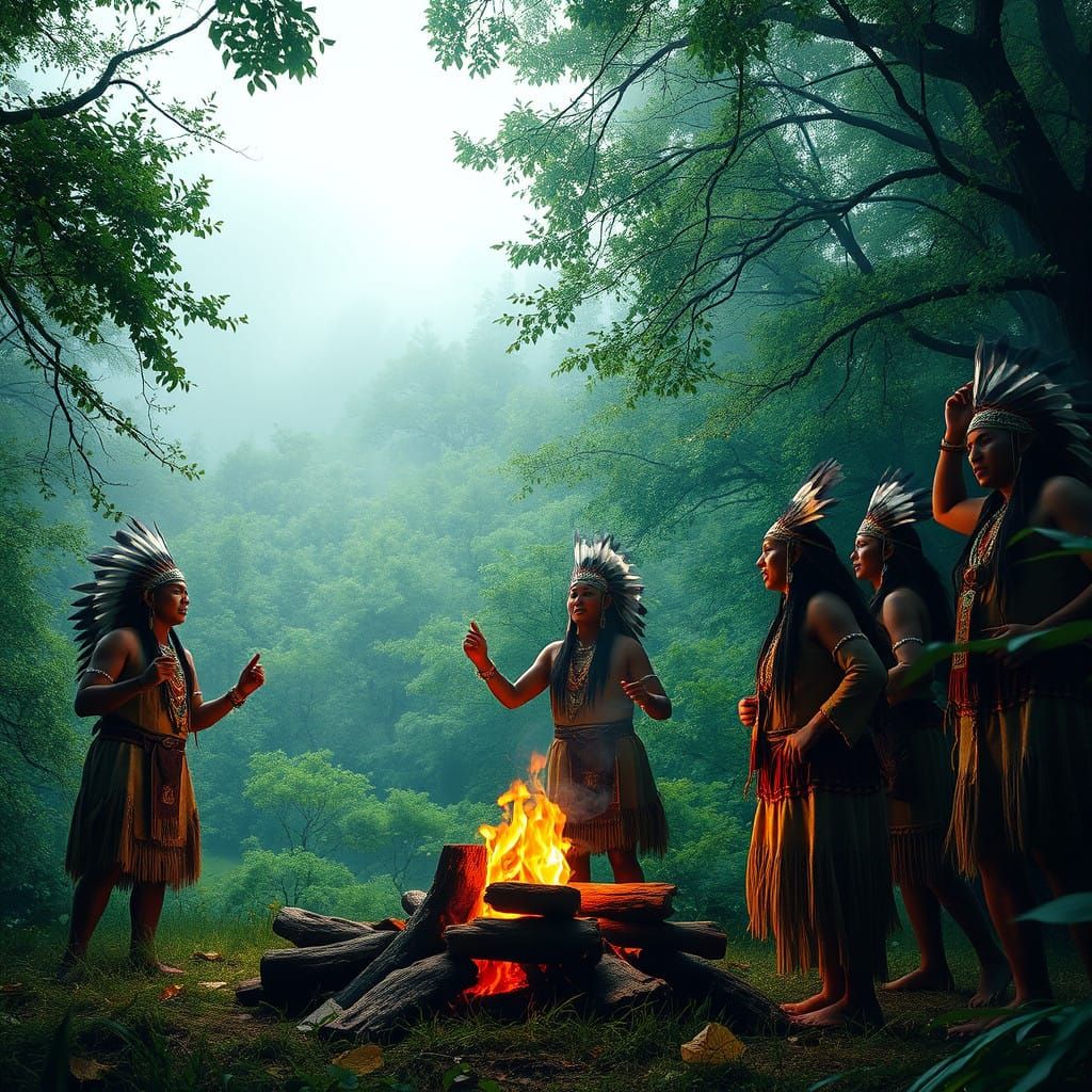 Harmonious Native American Gathering in Vibrant Emerald Fore...