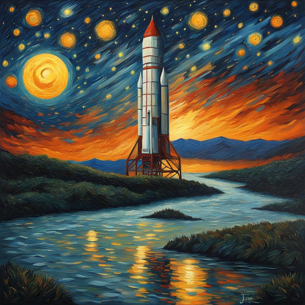 Space Rocket in Starry Night: Van Gogh Style