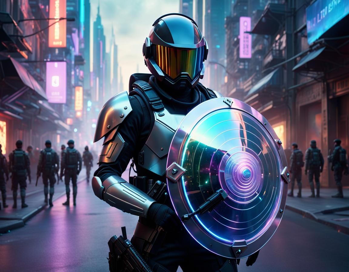 Futuristic Soldier Wielding Translucent Shield on Dystopian ...