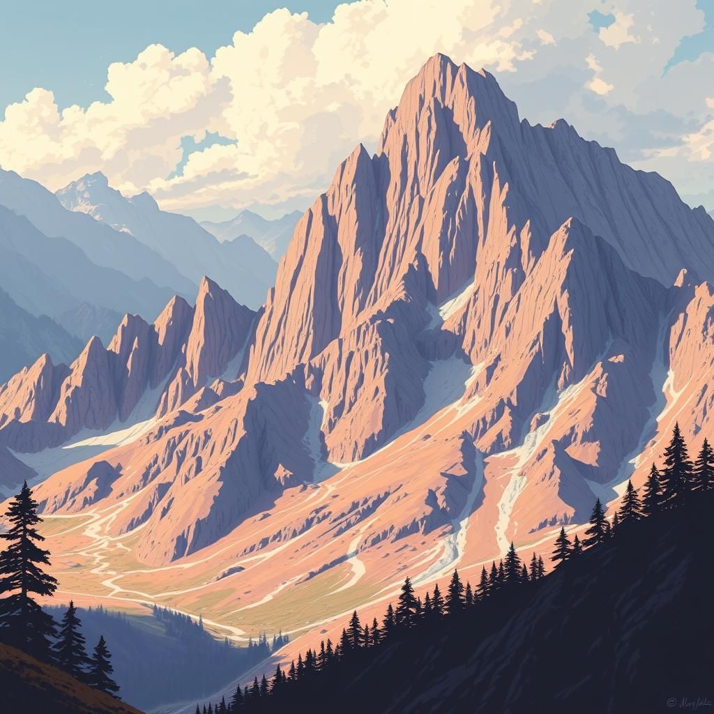 Moebius Style Mountain Landscape Illustration