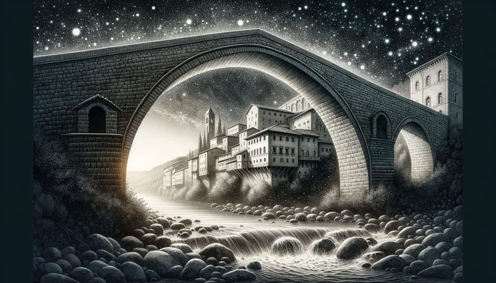 Renaissance Village Behind Arching Cobblestone Bridge