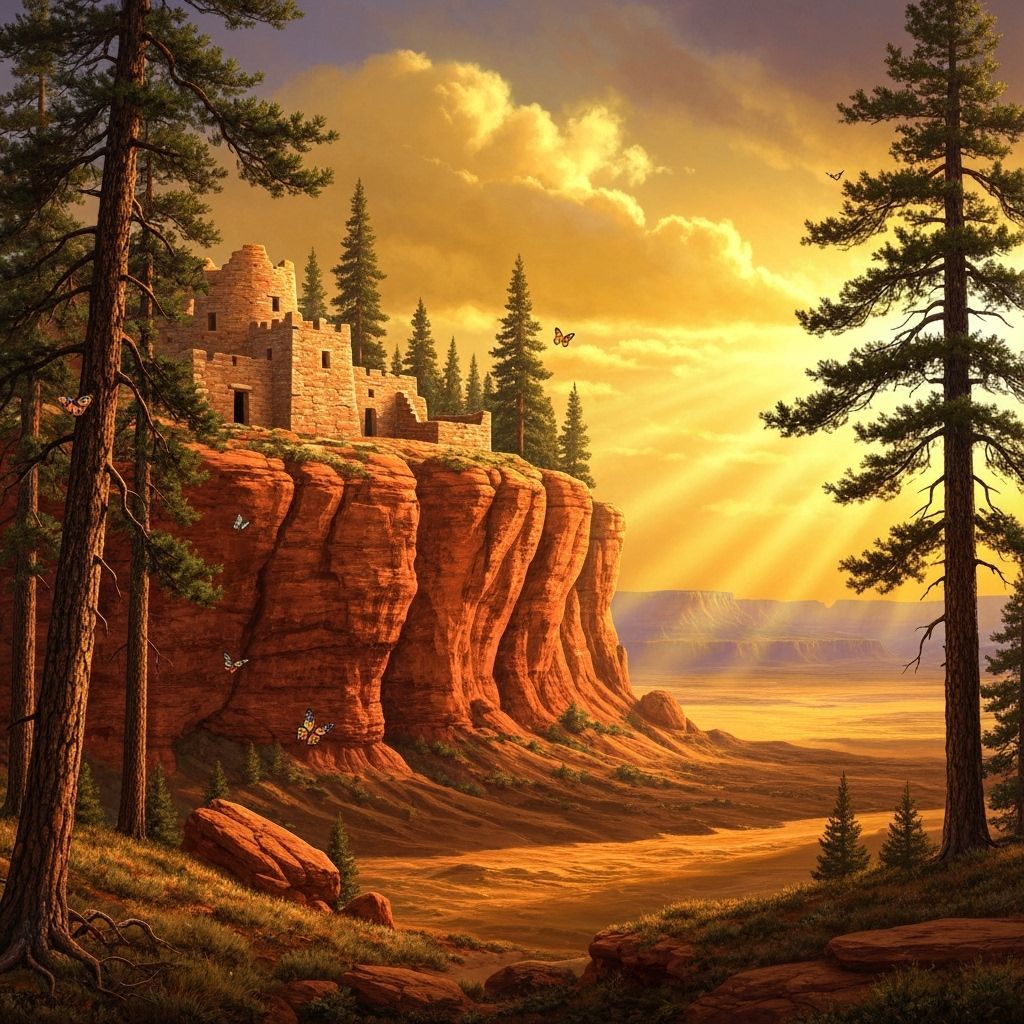 Cliffside Dwelling in Golden Light: Luminist Landscape