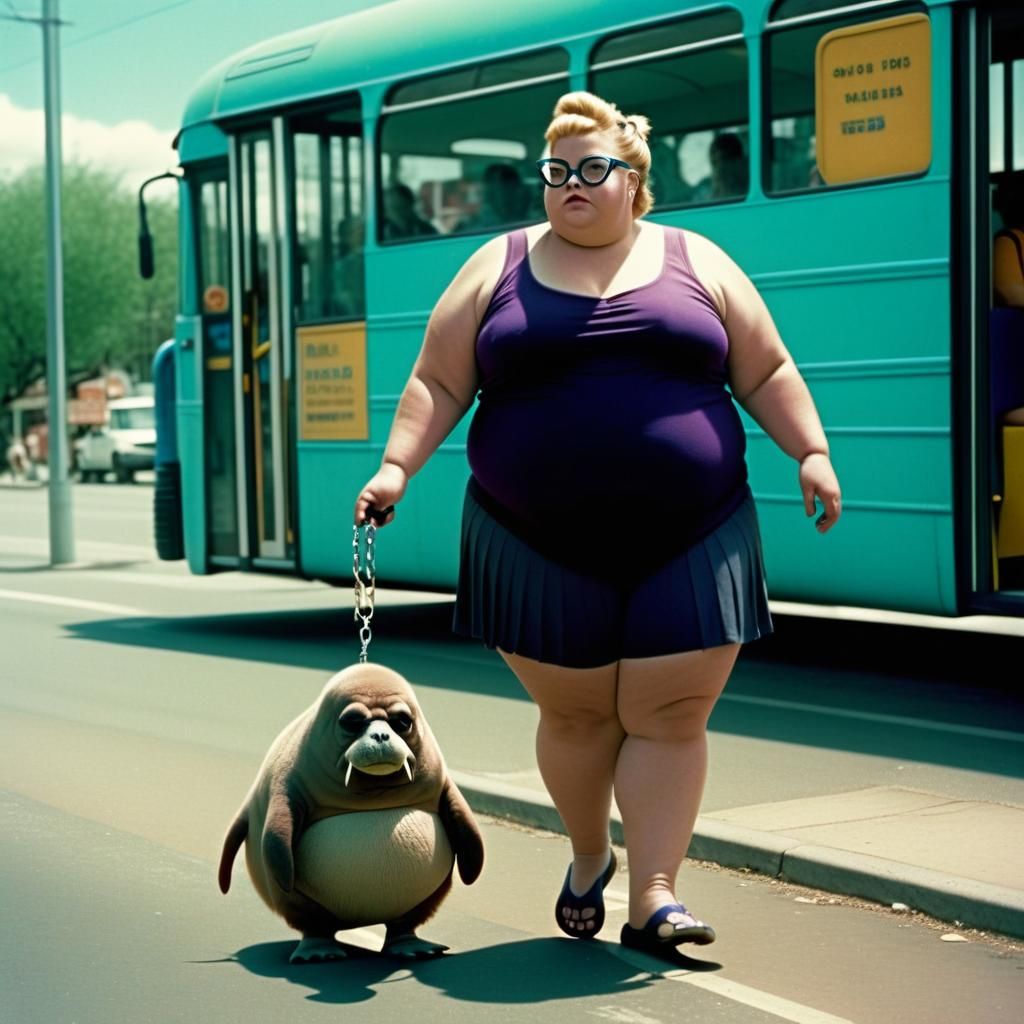 Woman with Walrus at Bus Stop: Cinematic Film Still