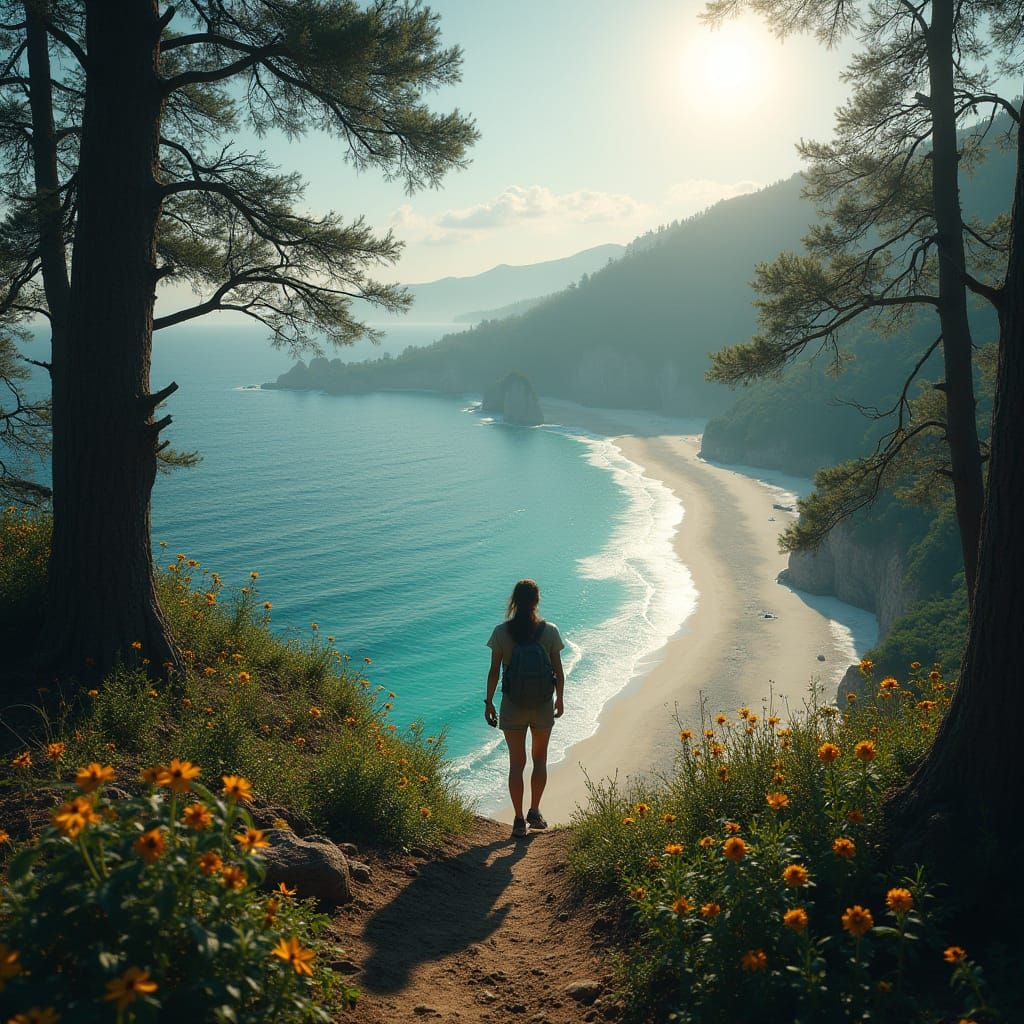 Woman Hiker Standing on Cliff Overlooking Epic Beach Scene