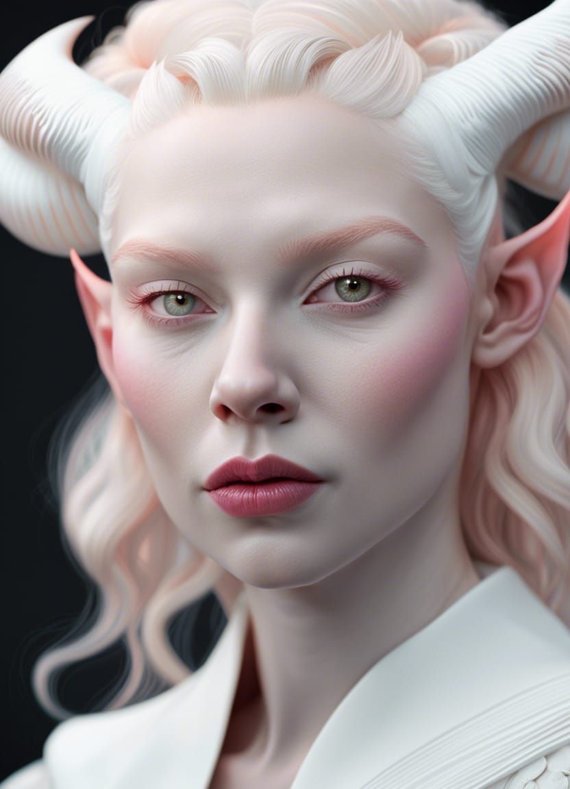 Albino Tiefling Witch Woman Portrait in Hyperrealistic Style
