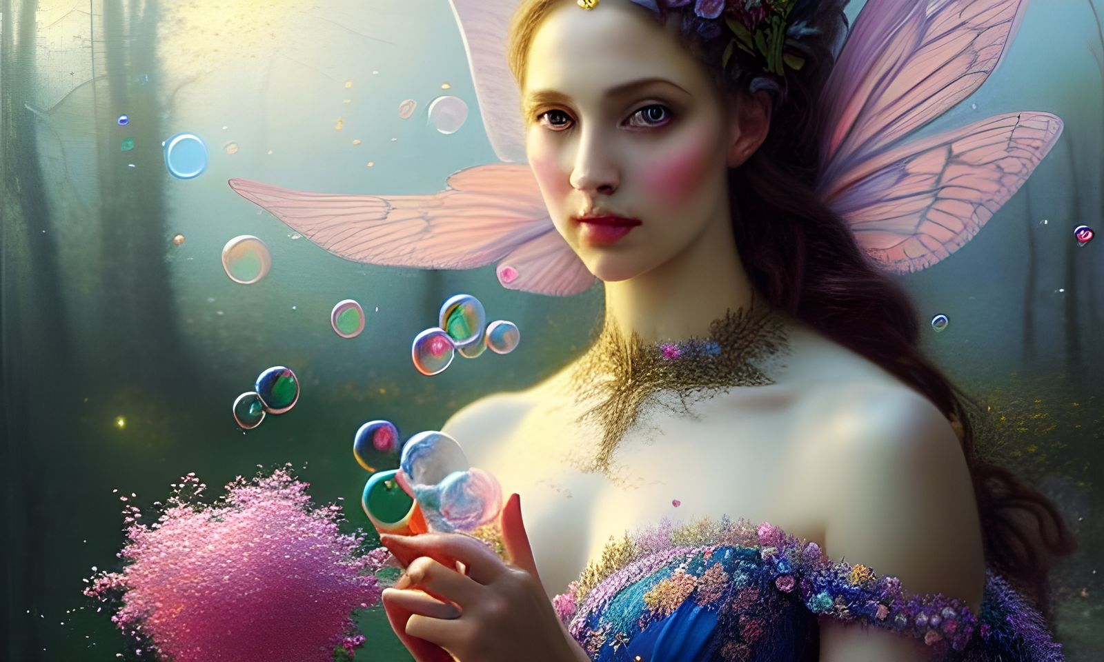 Beautiful Lady Surrounded by Bubbles, Hyperrealistic Style