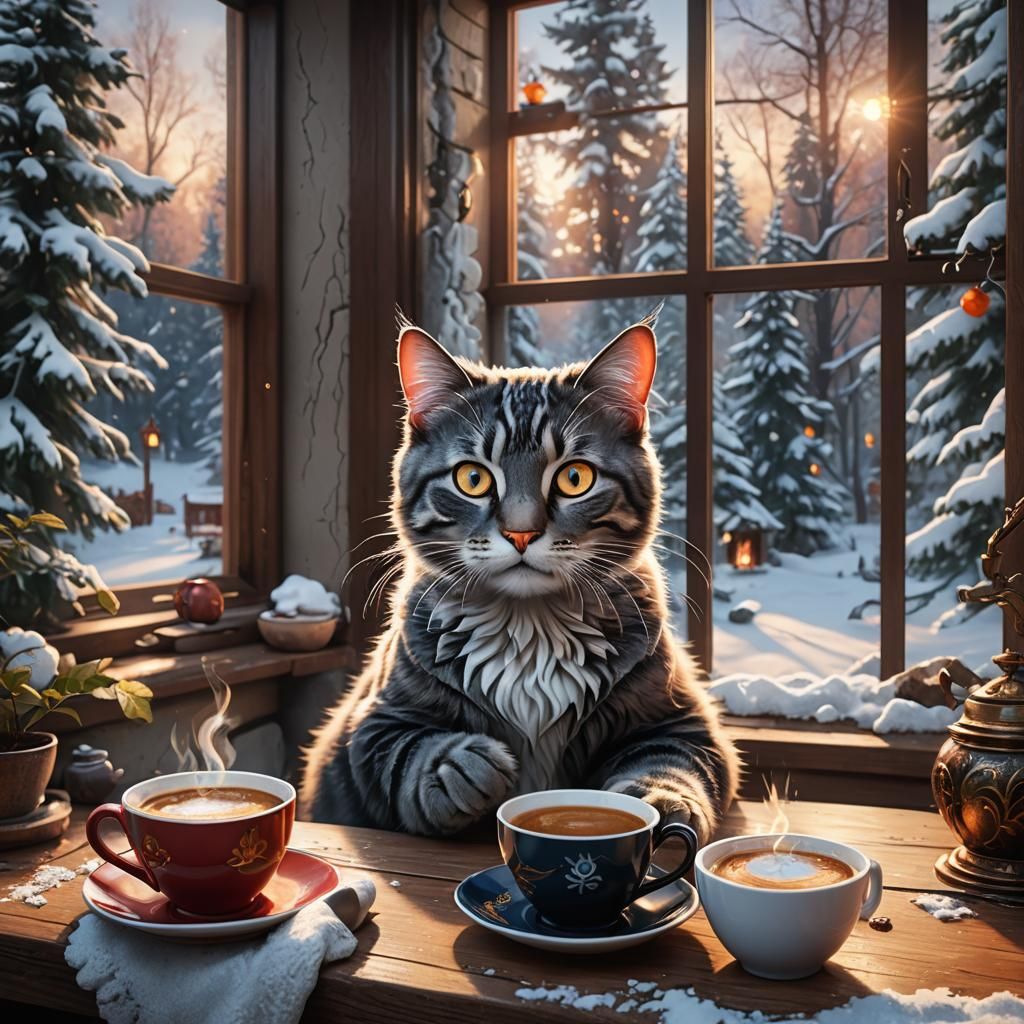 Cozy Coffee Cat in Winter Home: Detailed Matte Painting