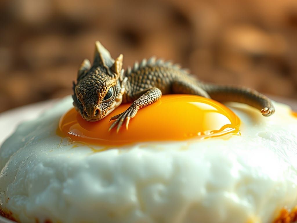 Baby Dragon Slumbers on Giant Fried Egg in Warm Light