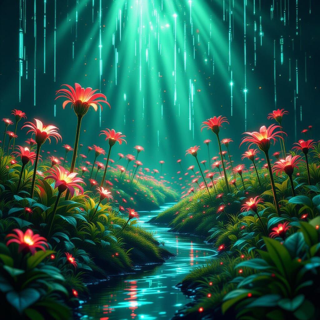 Bioluminescent Digital Plants in Surreal Abstract Landscape