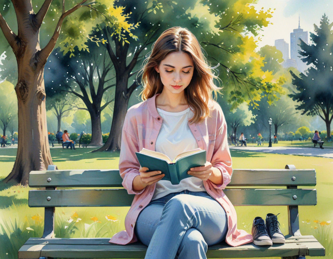 A Lovely Woman Reads in a Pastel Watercolor Park Scene