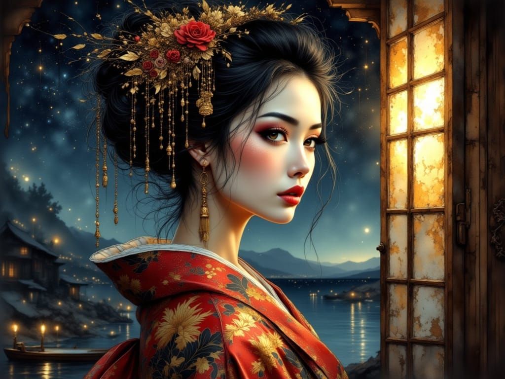 Elegant Geisha Gazing at Stars in Dynamic Kimono