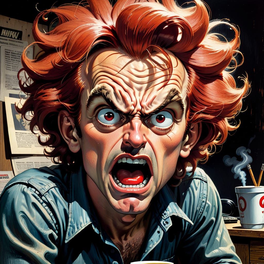 R. Crumb Style Man Screaming at Laptop