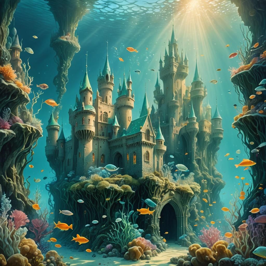 Surreal Underwater Castle with Mermaids in Soft Light