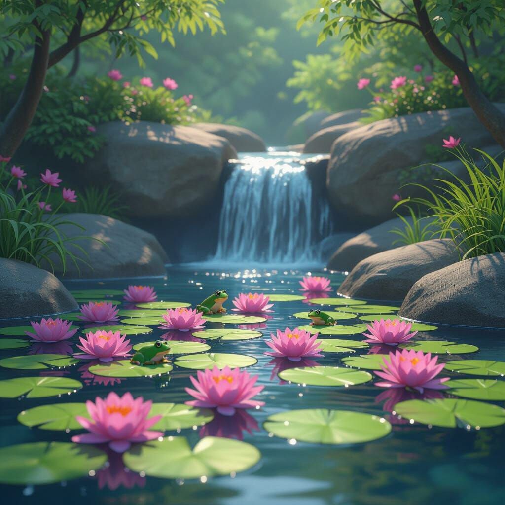 Serene Pond with Lily Pads and Frogs in 3D Anime Style